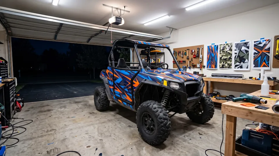 After: the same side-by-side in a custom electric blue and orange graphic kit