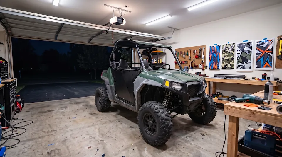 Side-by-side in a home garage at night with stock faded green plastics, one mismatched gray replacement fender and bare black doors