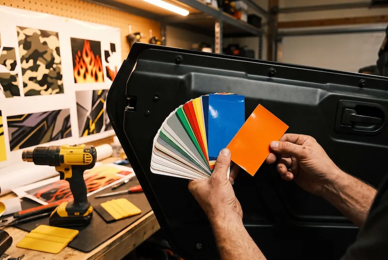 Hands holding an electric blue and a bright orange color chip against a bare black side-by-side door