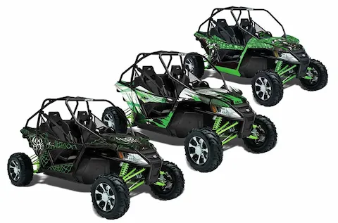 Arctic Cat Wildcat custom graphic kit shown in three different designs